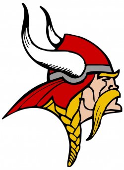 Viking mascot logo with red helmet, white horns, yellow braided beard, and fierce expression.