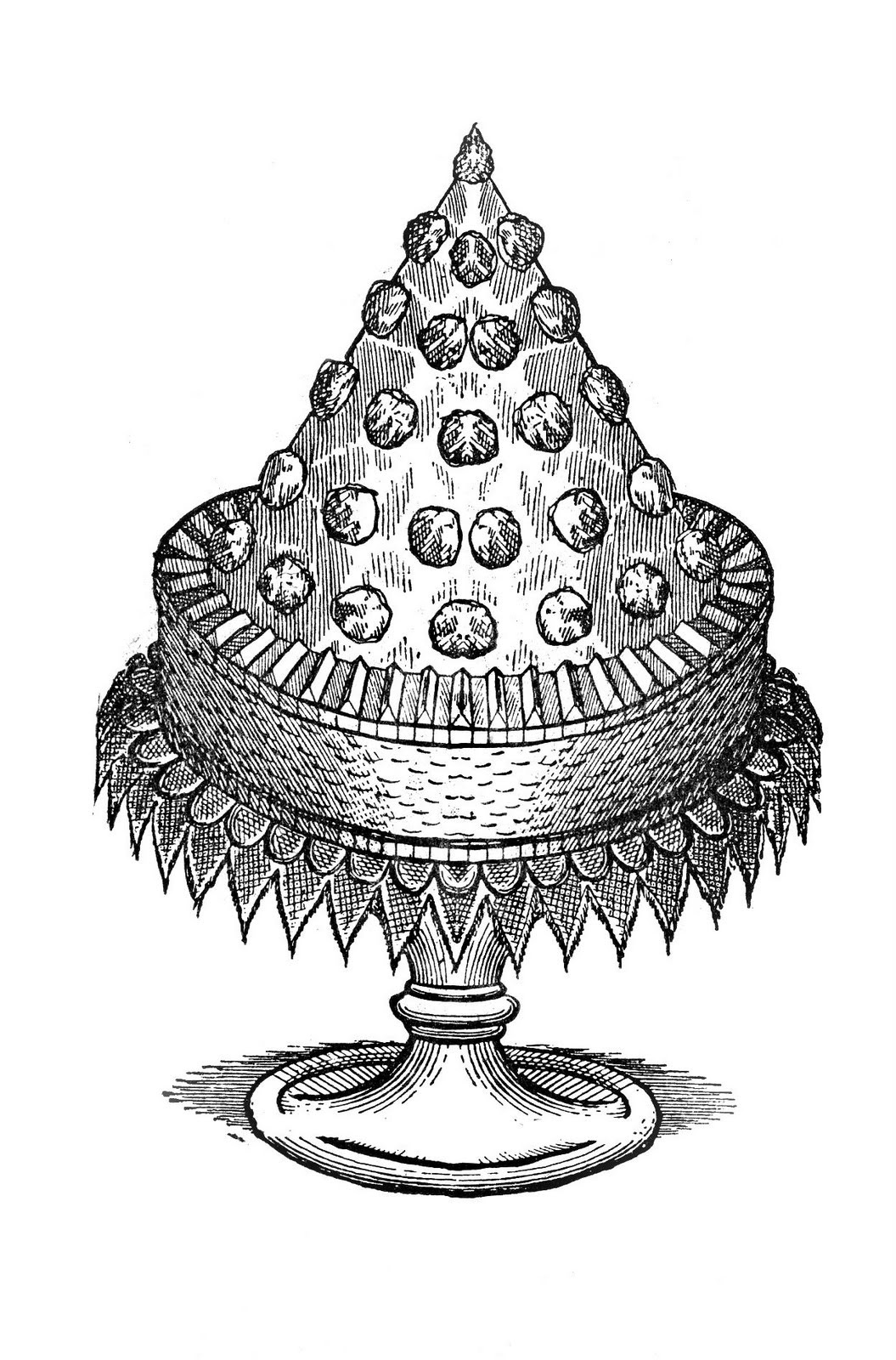 Intricate vintage illustration of a conical dessert on ornate pedestal stand, decorated with nuts and scalloped edges.