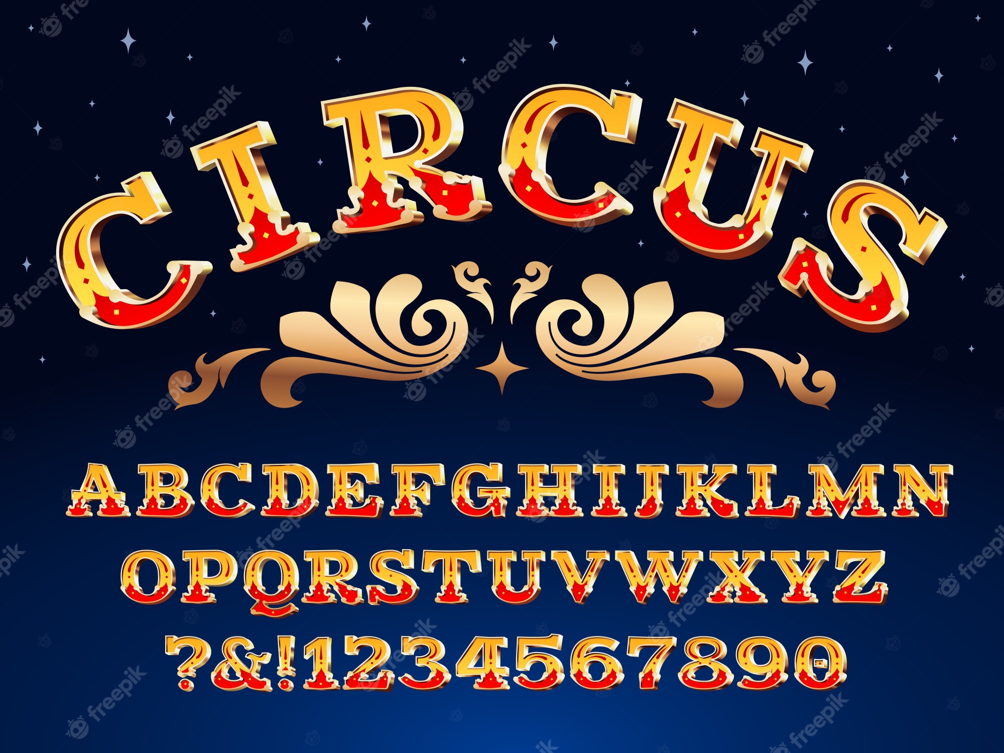 Vintage circus-themed ornate font with gold and red 3D letters on starry blue background.