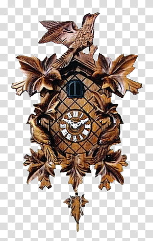 Traditional wooden cuckoo clock with carved leaves, birds, and pendulum, featuring Roman numeral face and lattice roof.