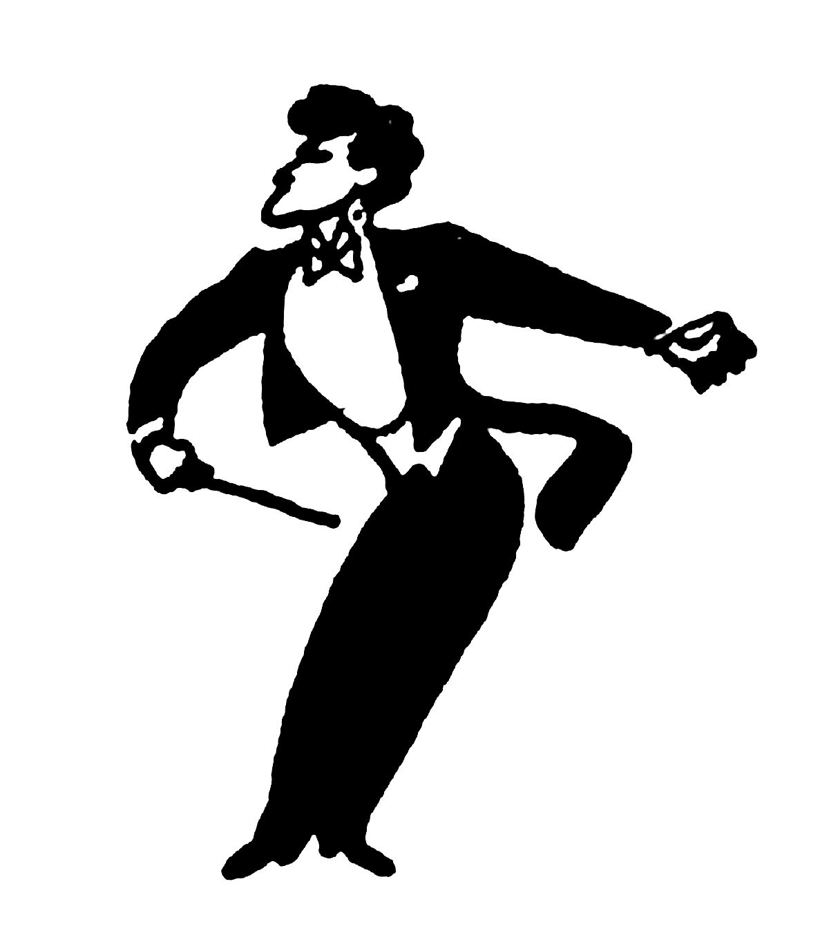 Silhouette of a dapper man in tuxedo dancing with cane, stylized black-and-white illustration.