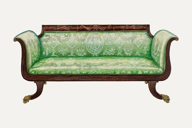 Elegant Regency-style sofa with green patterned upholstery and carved mahogany frame featuring lion-paw feet.