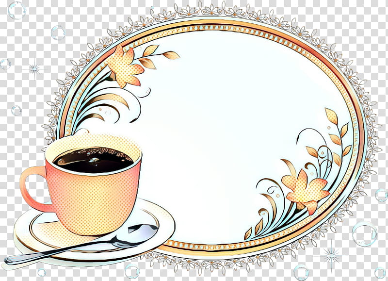 A decorative oval frame with floral motifs, featuring a pink coffee cup filled with black coffee on a saucer with a spoon.