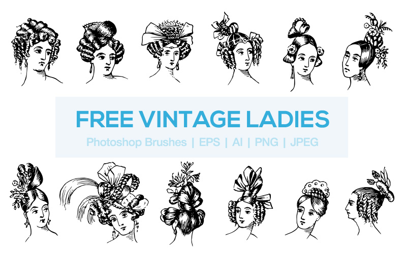 Twelve vintage-style illustrated ladies with elaborate 19th-century hairstyles and ornate headwear, in black-and-white line art.