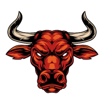 Fierce red bull head mascot with large curved horns and intense eyes, stylized in bold vector art.