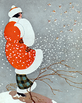 A woman in a red winter coat and white fur-trimmed hat stands in snow, watching birds fly overhead amid bare branches.