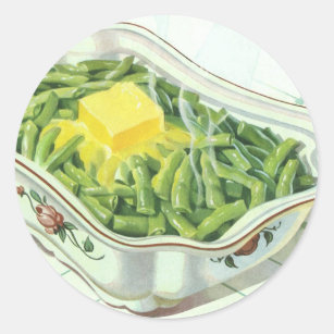 Vintage-style illustration of steaming green beans with a pat of butter in a floral ceramic dish.