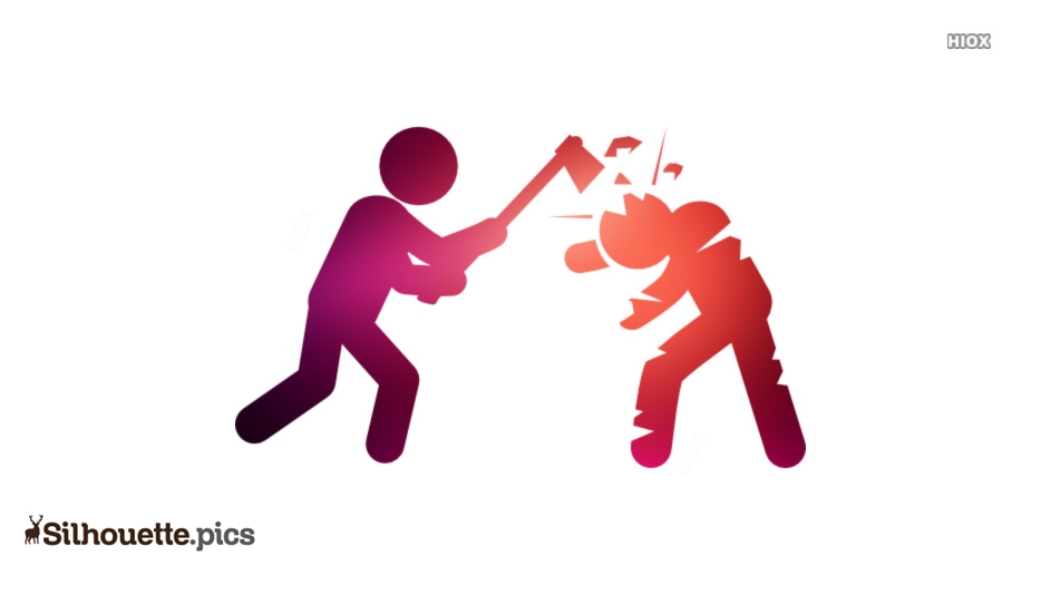 Two stylized figures in a violent confrontation, one swinging an axe at the other who is recoiling and shattering.