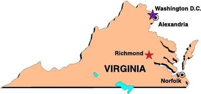 Map of Virginia highlighting major cities: Richmond (capital), Washington D.C., Alexandria, and Norfolk.
