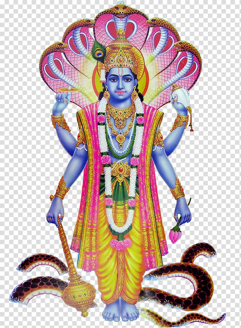 Lord Vishnu depicted with blue skin, four arms, adorned in gold and pink, standing on serpents with a multi-headed serpent canopy.