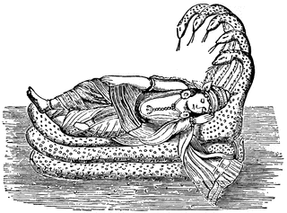 A reclining figure draped in patterned fabric, entwined with a large coiled serpent in a vintage woodcut illustration.