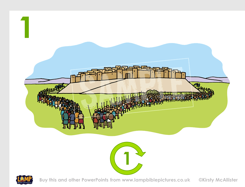 Israelites marching around the fortified city of Jericho in a circular formation, as described in Joshua 6.