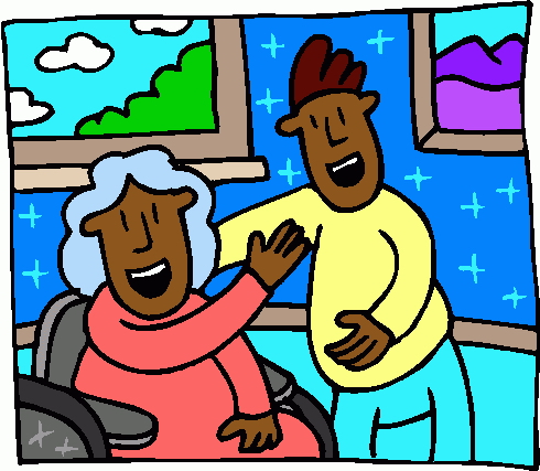 A joyful Black woman in a wheelchair smiles as a young man warmly places his hand on her shoulder, both laughing together indoors.