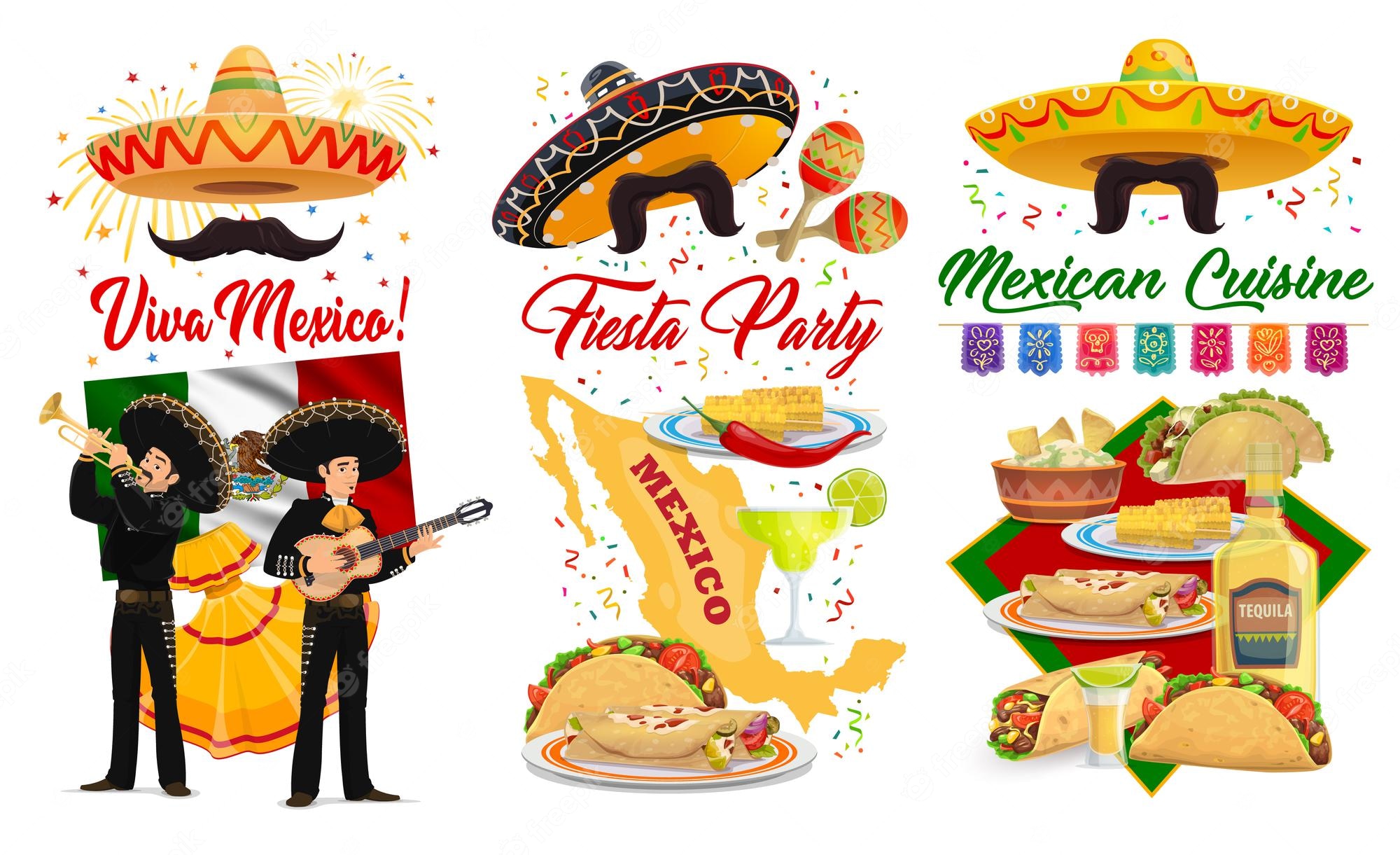 Vibrant Mexican fiesta illustration with sombreros, mariachis, tacos, tequila, and fireworks celebrating Mexican culture and cuisine.