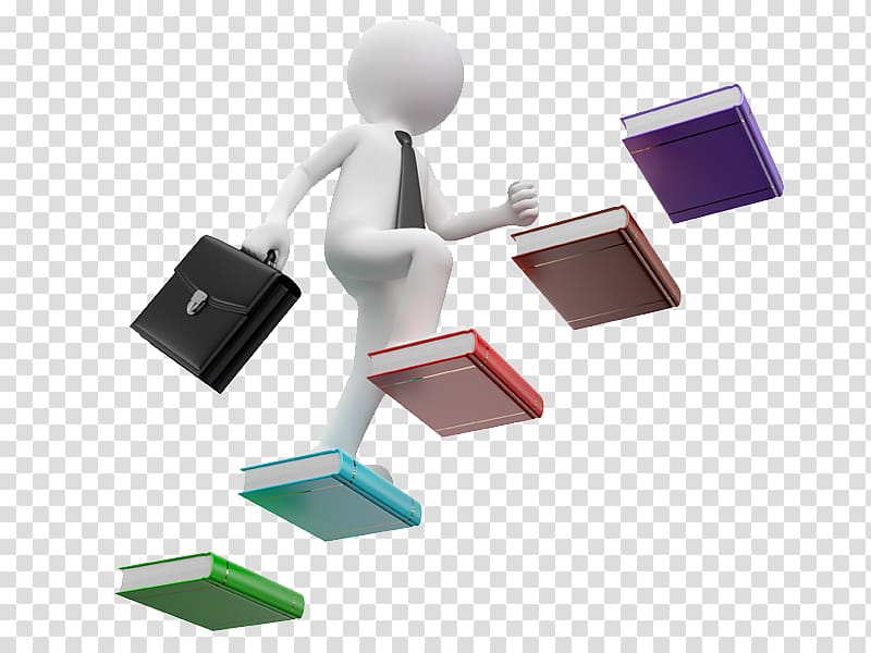 White 3D figure in tie climbing book stairs while holding briefcase, symbolizing education and career advancement.