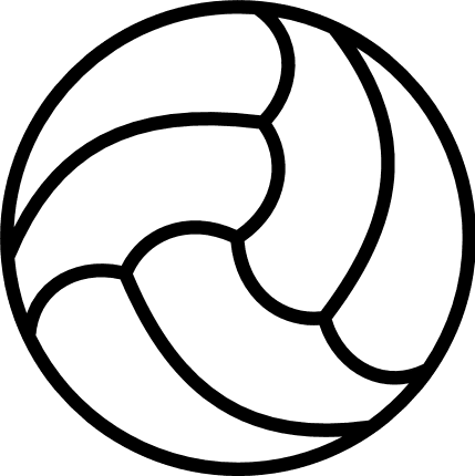 Black-and-white line drawing of a classic volleyball with curved panel seams on a green background.