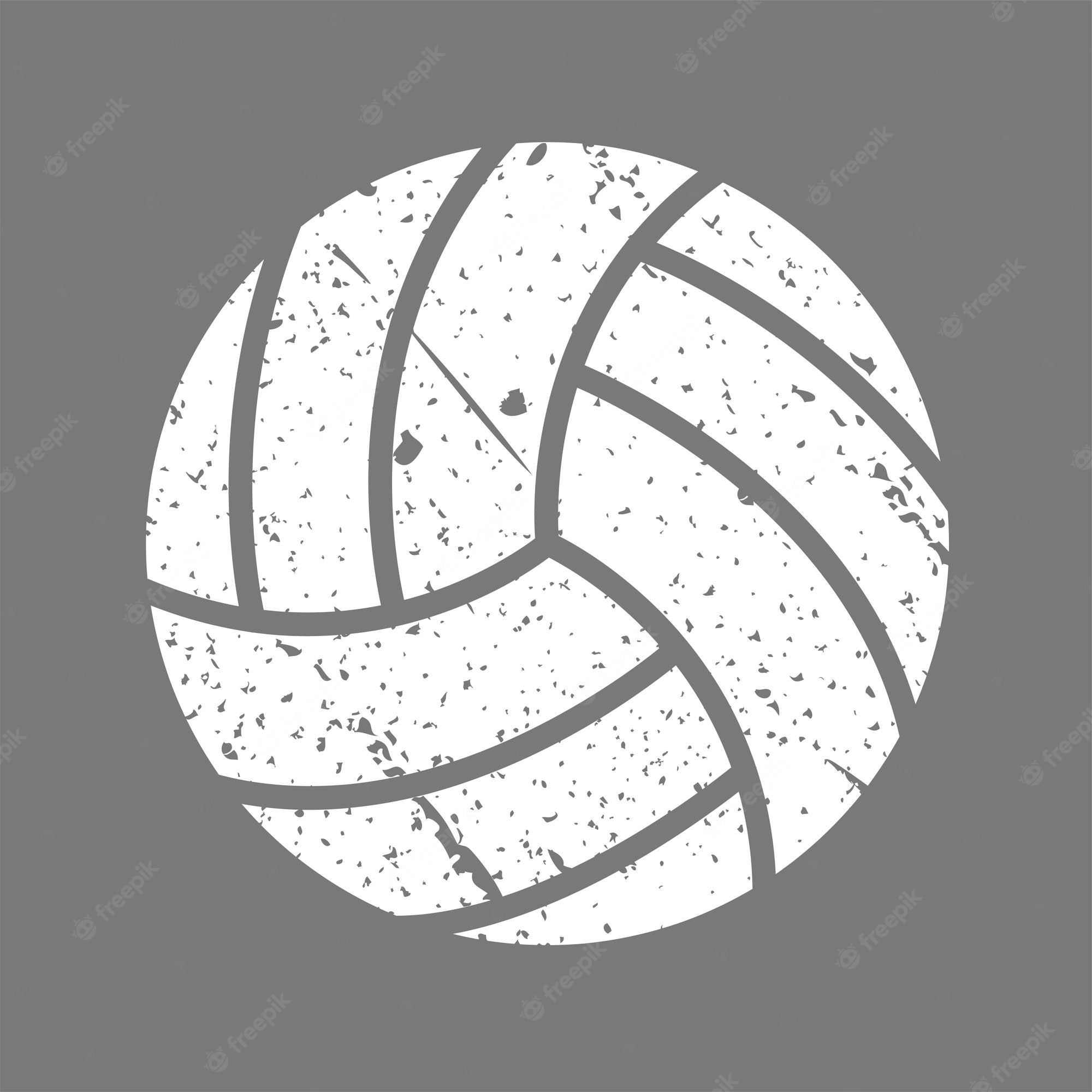 Grunge-style white volleyball with black speckles and panel lines on gray background.