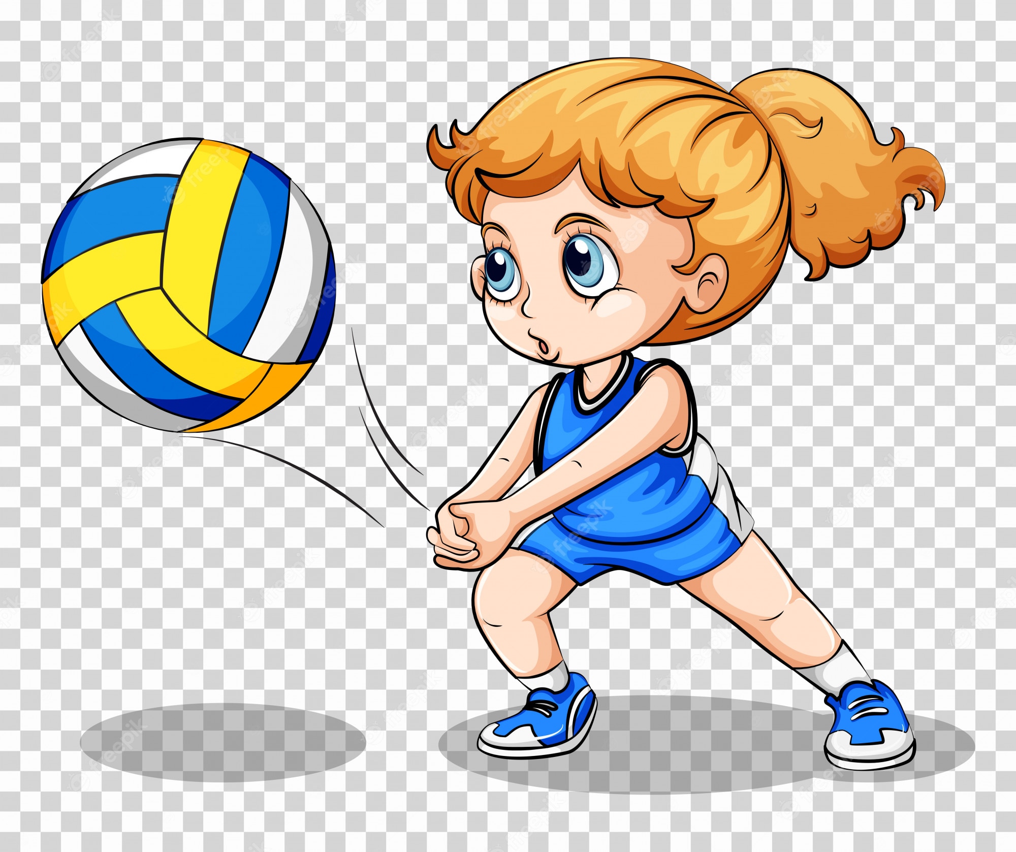 Cartoon girl in blue uniform bumping a colorful volleyball with focused expression.