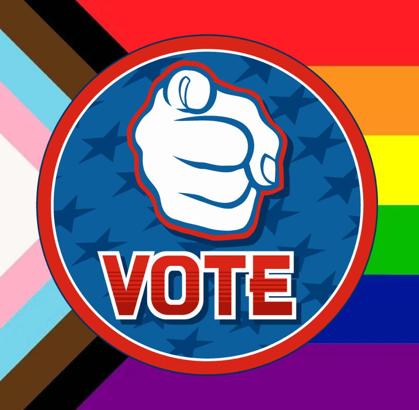 A circular "VOTE" button with a pointing hand over stars, set against LGBTQ+ and racial justice pride flags.