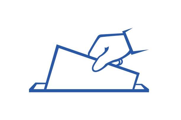 Blue line illustration of a hand inserting a ballot into a voting box.