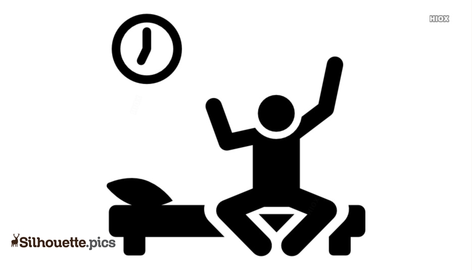 Person sitting on bed with arms raised in celebration, clock above indicating time of waking or achievement.