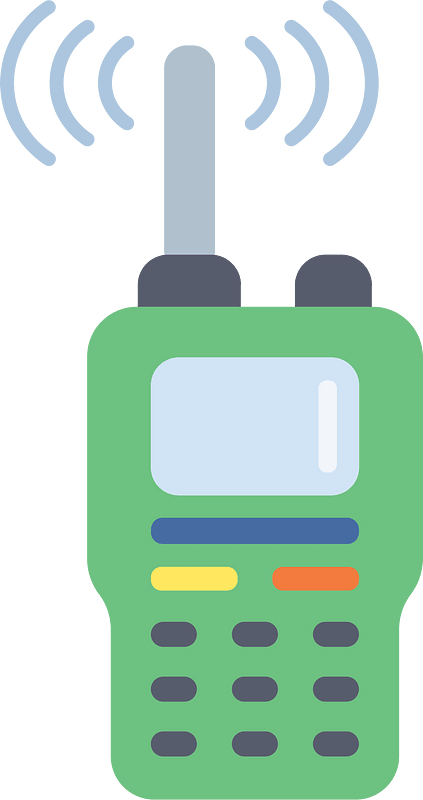 Green walkie-talkie with antenna emitting radio waves, flat vector illustration.