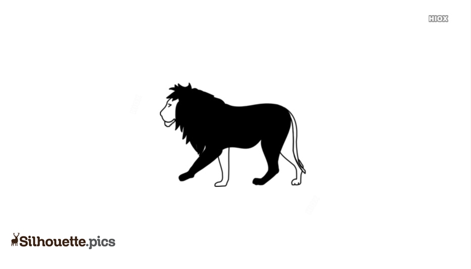 Black silhouette of a walking male lion with detailed mane and facial features on white background.