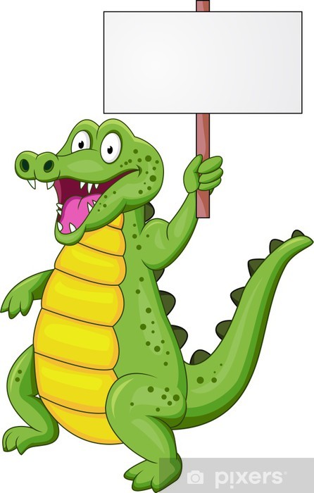 Cheerful green cartoon crocodile holding a blank sign, smiling with open mouth and yellow belly.