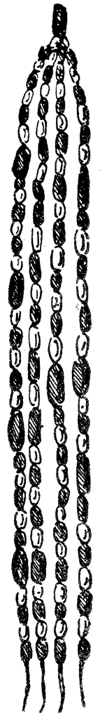 Black-and-white line drawing of a multi-strand beaded necklace with varied oval and rounded beads.