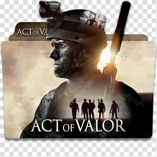Soldier in tactical gear with rifle and helmet, silhouetted squad below, title "Act of Valor" overlaid on dramatic desert backdrop.