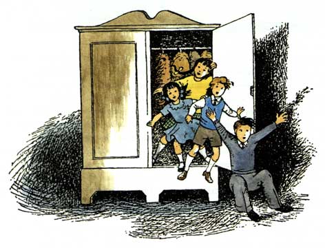 Three children leap out of a wardrobe in surprise as a fourth child reacts dramatically outside.