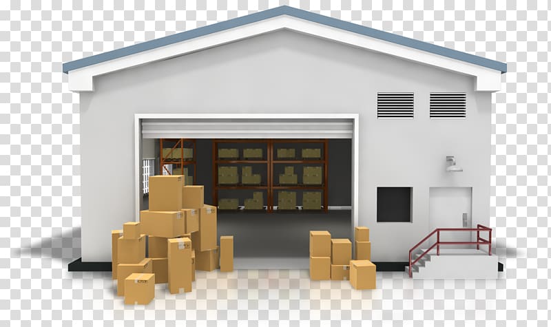 White warehouse with open garage door, stacked cardboard boxes outside, and shelves of packages inside.