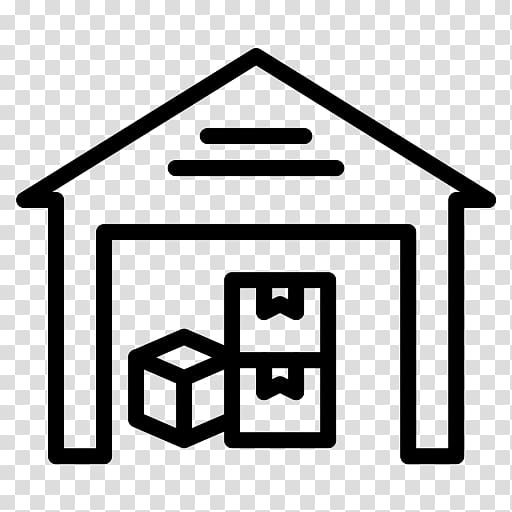 Warehouse icon with open door, showing stacked boxes inside a simple building outline.