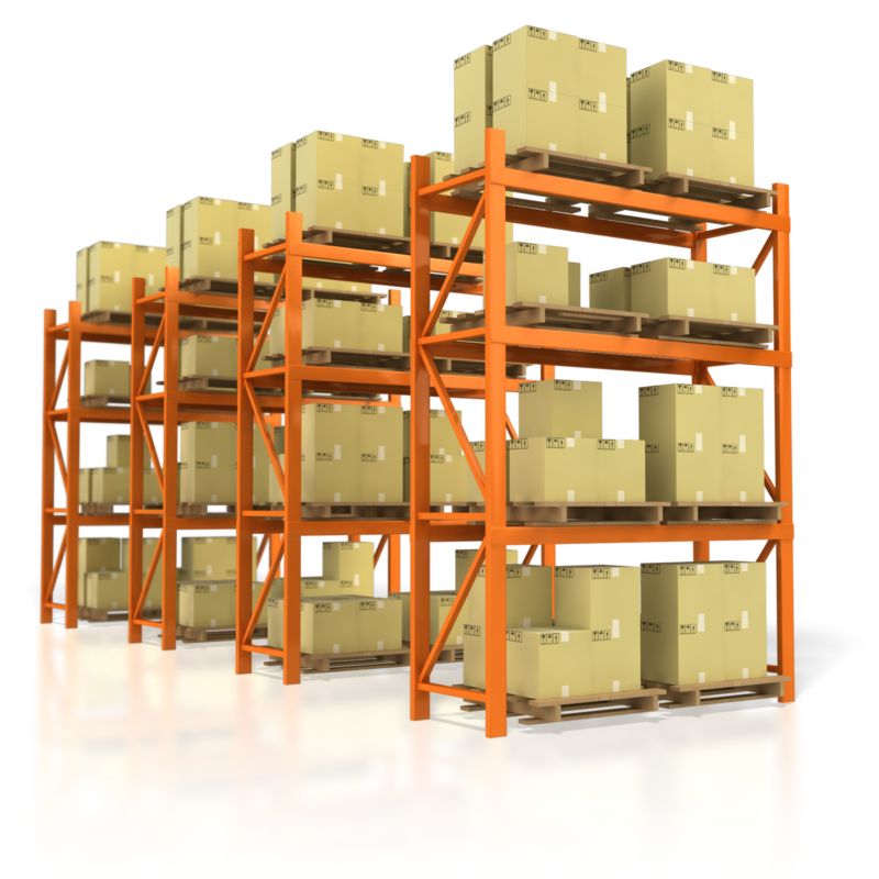 Orange industrial pallet racking system filled with cardboard boxes on wooden pallets in a clean warehouse setting.
