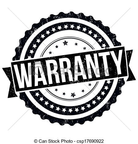 Black and white distressed circular stamp with "WARRANTY" banner and star motifs.