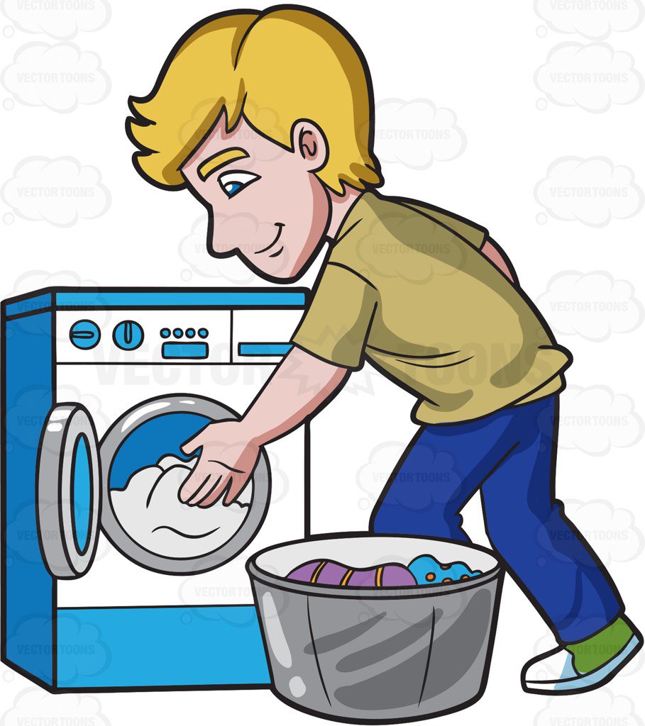 A cartoon man loading laundry into a front-loading washing machine with a bucket of clothes beside him.
