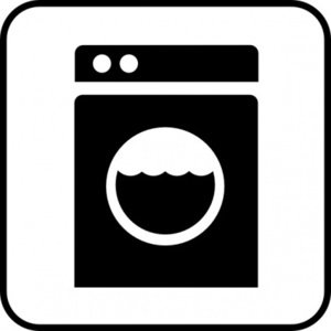 Black-and-white icon of a front-loading washing machine with water inside the drum, enclosed in a rounded square border.