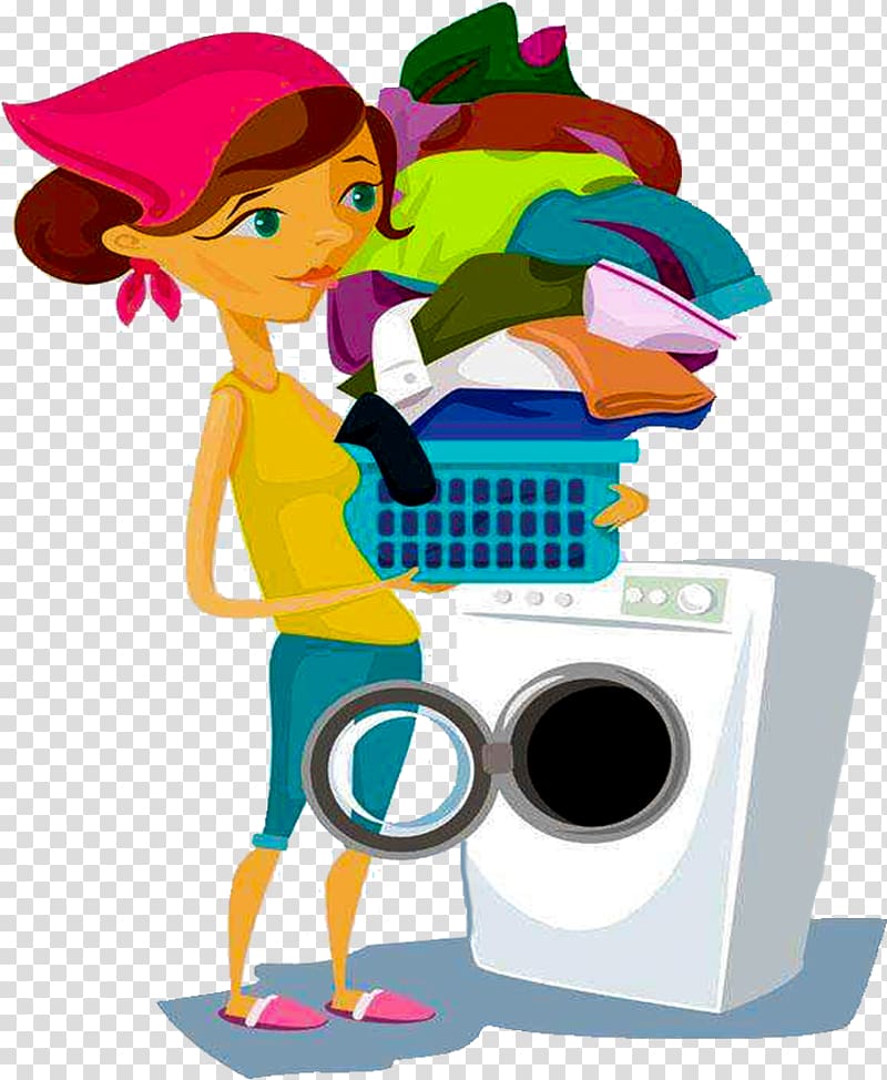 Cartoon woman in pink headscarf holding overflowing laundry basket beside front-load washing machine.
