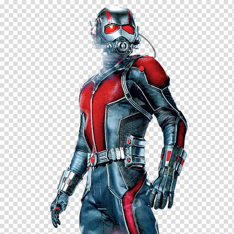 Ant-Man in his iconic red and black suit with helmet and glowing red eyes, standing confidently.