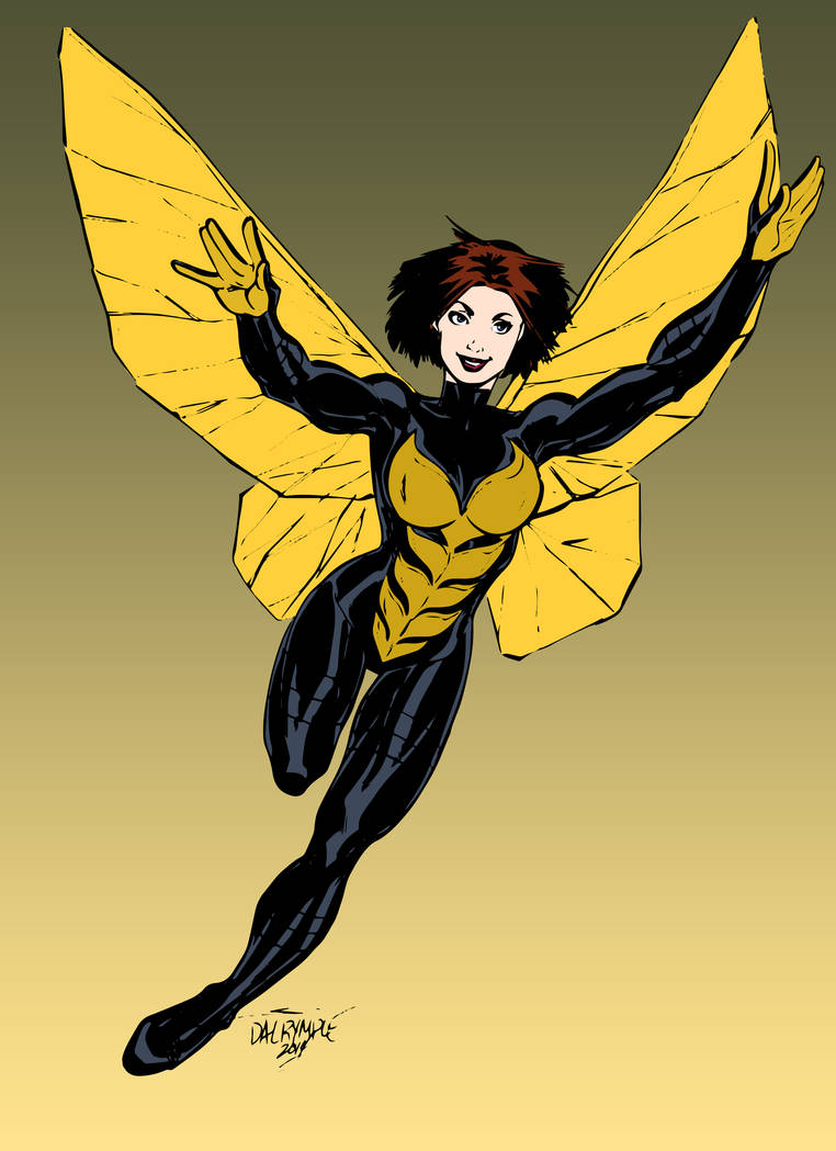 A female superhero with yellow insect-like wings, wearing a black and gold suit, flying dynamically against a gradient background.