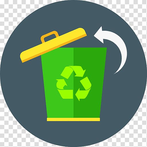 Green recycling bin with yellow lid open and circular arrow indicating reuse or recycling process.