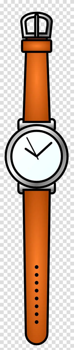 Orange analog wristwatch with leather strap, silver case, and buckle clasp on transparent background.