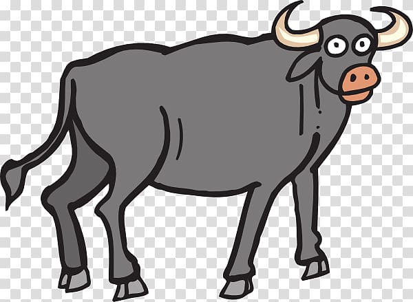 Cartoon illustration of a gray buffalo with curved horns and expressive eyes on transparent background.