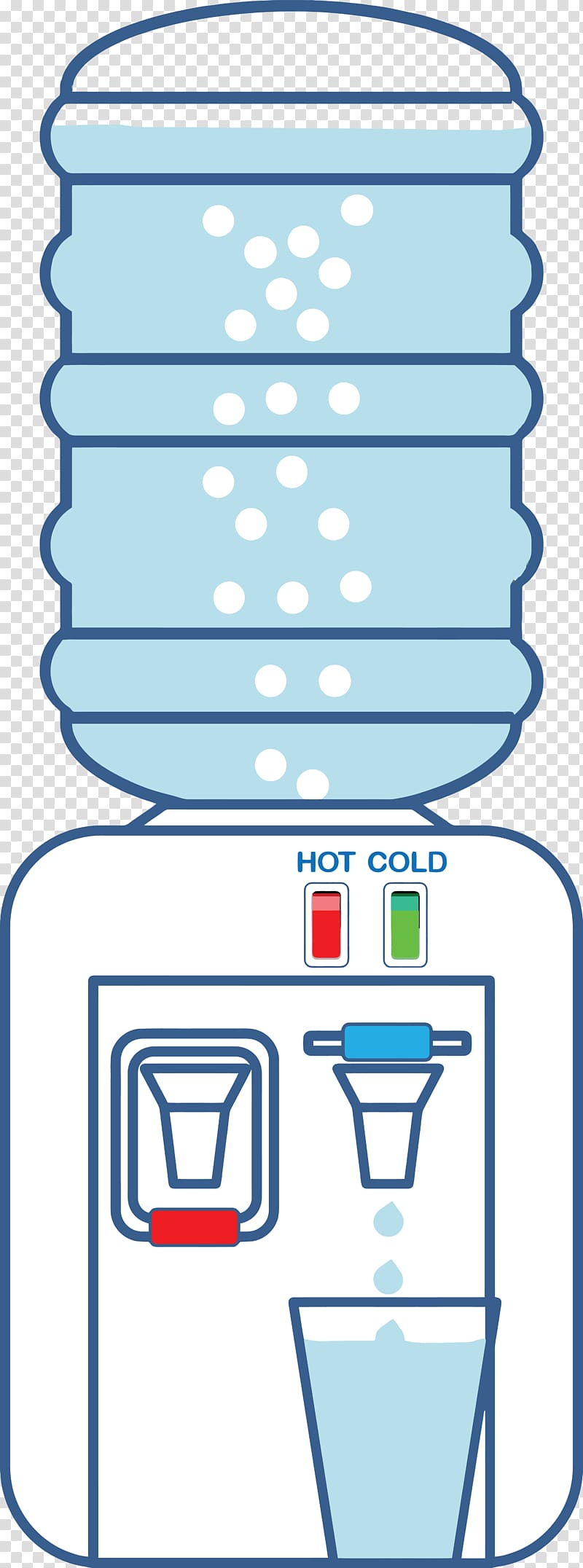 Illustration of a top-loading water dispenser with hot and cold taps, showing water flowing into a glass.