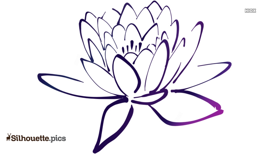 Purple line-art illustration of a blooming lotus flower with layered petals and central stamen details.