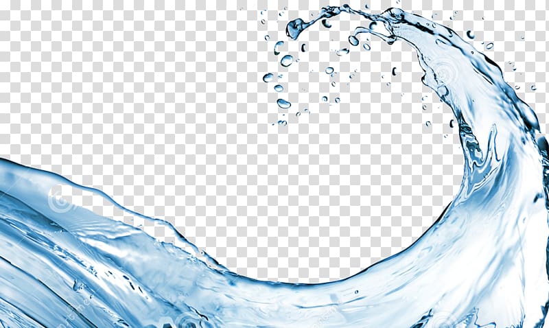 Dynamic blue water wave with splashes and droplets on transparent background