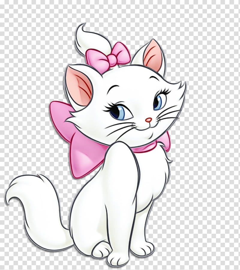 A white cartoon kitten with blue eyes, pink bow on head and neck, sitting elegantly with a gentle smile.