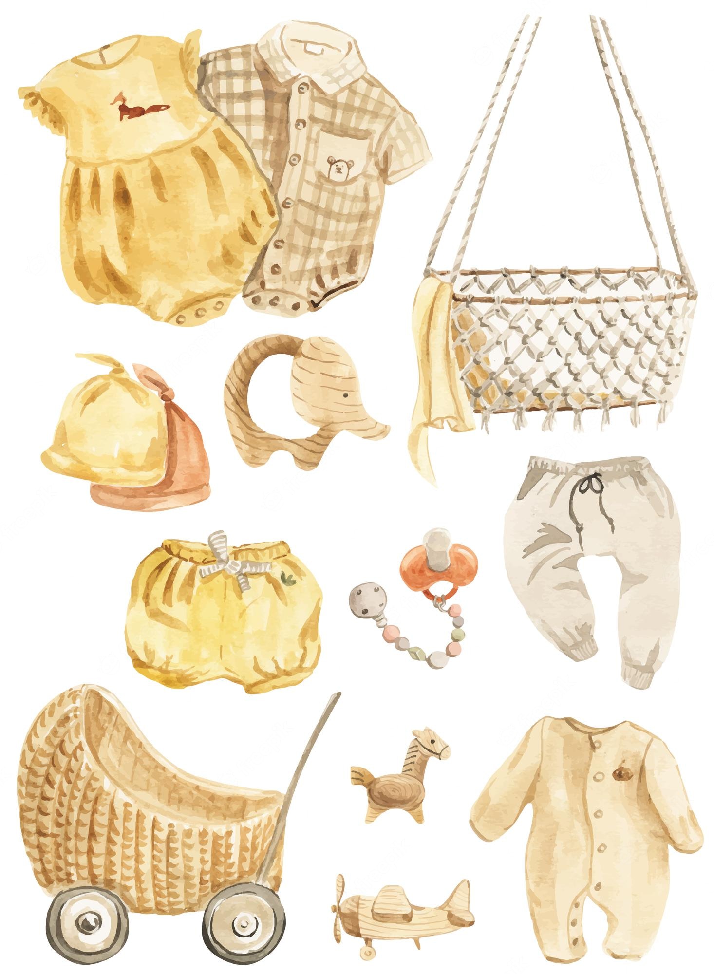Watercolor illustration of baby items including clothing, toys, pram, and accessories in warm neutral tones.