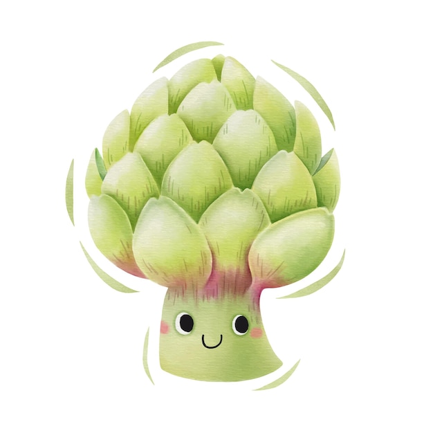 Cute cartoon artichoke with smiling face, green leaves, and watercolor style on white background.