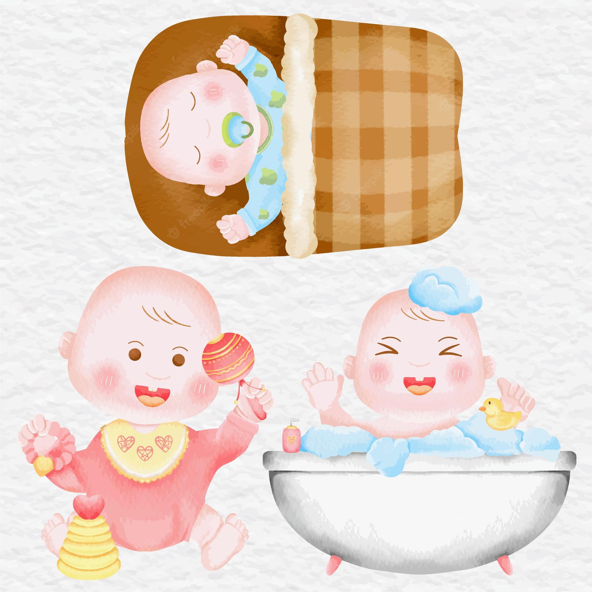 Three illustrated babies: one sleeping with pacifier, one playing with rattle and toys, one bathing with rubber duck in tub.